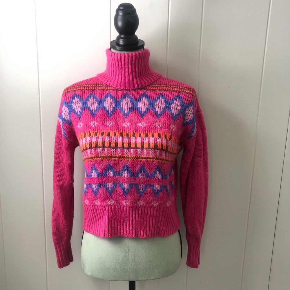 Fashion Nova Pink and Blue Cowl Neck Sweater with Nordic Patterns